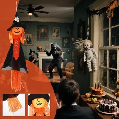 Produktbild von Halloween-Dekoration mit Kürbis und Hexe zum Aufhängen für Terrasse, Fenster, Garten und Tisch
