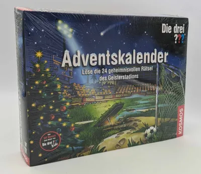 A boxed advent calendar with a Christmas and soccer stadium theme.