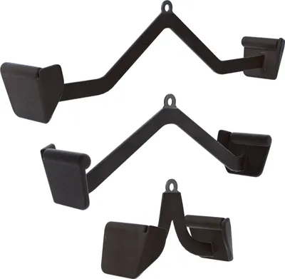 Three different types of black metal grips for weight machines, arranged vertically against a white background.