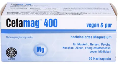 Produktbild von Cefamag 400 Kapseln für Muskeln, Nerven, Psyche, Knochen, Zähne und Energiestoffwechsel gegen Müdigkeit, 60 St. Kapseln