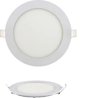 A top-down view of a round LED panel light and a side view of another LED panel light.