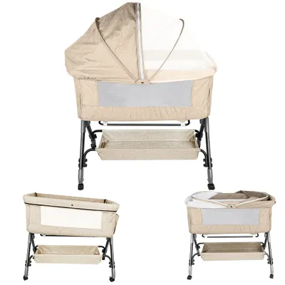Produktbild von 2 in1 Beistellbett Baby,Babybetten Reisebett Babybett Höhenverstellbar Babybett, neigbar, Kinderbett inkl. Matratze und Moskitonetz Beige
