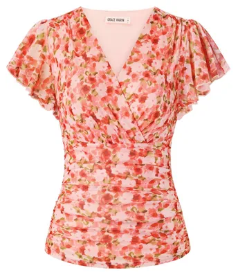 Produktbild von Boho Bluse mit Wickeldesign und Blumenmuster – Kurze Ärmel in Orange
