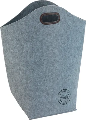 A gray felt laundry basket with brown handles and a circular logo on the front.