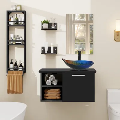 Image de Puluomis Ensemble de meubles de salle de bains avec porte-serviettes, lavabo multicolore lavabo meuble bas avec miroir salle de bains cuisine