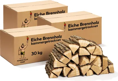 Three cardboard boxes labeled 'Eiche Brennholz kammergetrocknet' and a pile of firewood are shown against a white background.