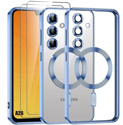 Image de Coque + 2 Verres Trempés pour Samsung Galaxy A26 5G, Silicone avec Cercle Magnétique Protection Caméra - Bleu