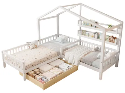 Produktbild von Kinderbett mit 2 Liegeflächen, 90x200cm/70x140cm, Hausbett inkl. Schublade, Lattenroste und Regale, Holzbett mit Zaun