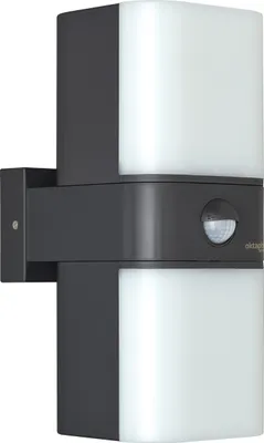 A modern, dark gray outdoor wall light with two frosted white light panels and a motion sensor in the center.