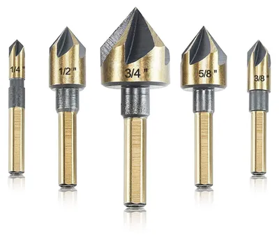 Obrázek produktu pro Sada vrtáků pro zahlubování (kegelsenker), 5 kusů, úhel 82 stupňů, rozměry 6-20 mm, s transportní taškou, materiál: HSS (rychlotěžná ocel), povrchová úprava: zlatá