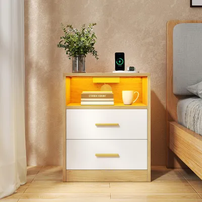 Produktbild von VASAGLE Beistelltisch mit Schubladen, 2er Set, Nachttisch aus Holz, Schlafzimmer, Holzspanplatte, MDF, Gelb und Weiß