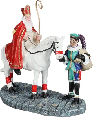 Productafbeelding van Luville Sinterklaasscène met Piet en Ozosnel - Kerstdorpfiguur uit de Molendam-serie - Sinterklaasdecoratie van Polyresin - Miniatuur voor Winterdorp - 10 x 5,5 x 9,5 cm - Meerkleurig