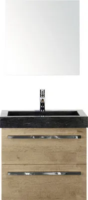 Produktbild von Sanox Badmöbel-Set Seville BxHxT 61 x 170 x 45,5 cm Frontfarbe eiche natur mit Waschtisch Naturstein schwarz, Waschbecke