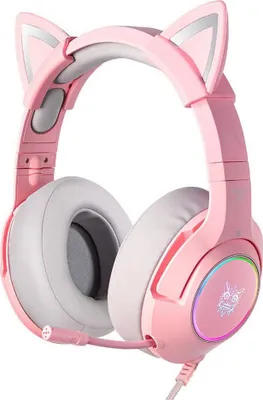 A close-up studio shot of pink gaming headphones with cat ears.