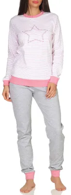 Produktbild von Damen Pyjama gestreift mit Bündchen Sterne Motiv - auch in Übergrößen - Kuschel Interlock ; weiss , 60
