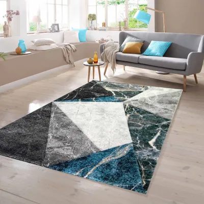 Produktbild von Wohnzimmer Teppich Geometrische Muster in grau blau Größe - 60 x 110 cm