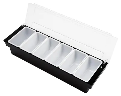 Produktbild von 6 Gitter Gastronomie-Zutatenbehälter mit Deckel, 200 ml pro Fach, Beilagenbehälter für Pizza, Bar-Garnituren und Buffet, spülmaschinenfest, Schwarz-Weiß