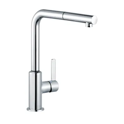 A chrome kitchen faucet with a pull-out spout, shown against a white background.
