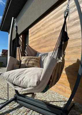Produktbild von Izabell Hängesessel mit Gestell Stahl Hängekorb Sessel Großen Kissen Indoor - Outdoor Coffe Swing XXL (beige)