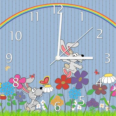 Produktbild von Wallario Design Wanduhr Süße Hasen unter einem Regenbogen aus Echtglas, Größe 30 x 30 cm