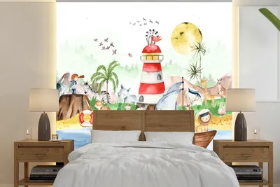 Obrázek produktu pro MuchoWow® Fototapety do obývacího pokoje nebo ložnice tapety vinylové motivy tapety Pláž - Zvířata - Děti - Maják - Chlapci 300x300cm