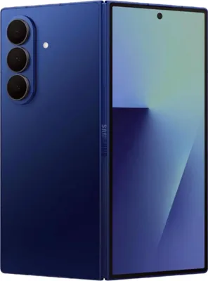 A blue Samsung Galaxy Z Fold7 smartphone is shown from the side, partially unfolded.