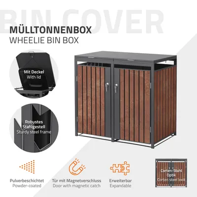 Obrázok produktu pre ML-Design, box na kontajnery na odpad, 2 kusy, objem 240 litrov, rozmer 132x80x120 cm, farba antracit s efektom imitácie dreva, materiál: oceľ, odolné voči poveternostným vplyvom, uzamykateľné krytie na kontajnery na odpad
