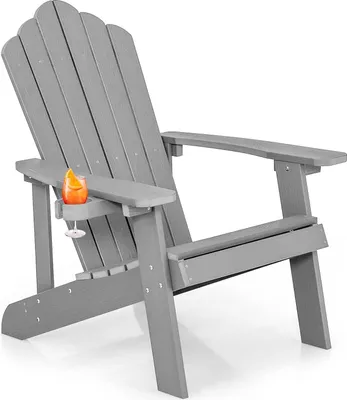 Produktbild von KOMFOTTEU Adirondack Stuhl mit Getränkehalter, Gartenstuhl mit Rücklehne & Armlehnen, Gartensessel wetterfest & ergonomisch, Relaxstuhl bis 170 kg für Balkon, Garten, Strand (Grau)