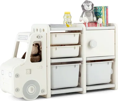 Produktbild von Autoförmiges Kinderregal mit 4 Aufbewahrungboxen und 1 Schrank, Kinderzimmerregal Spielzeug-Organizer, Spielzeugregal für Kinderzimmer Wohnzimmer, 110 x 32 x 66 cm