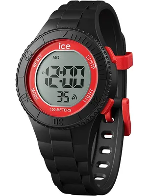 A digital watch with a black strap and a red bezel, shown against a white background.