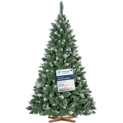 Produktbild von FairyTrees Weihnachtsbaum künstlich 220cm Kiefer mit Christbaum Holzständer | Tannenbaum künstlich mit Natur-Weiss beschneit |  EU