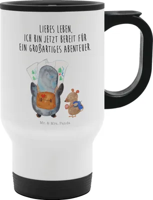 Produktbild von Mr. & Mrs. Panda thermosbecher Pinguin & Maus Wanderer - Weiß - Geschenk, Wandern, Abenteuer, Thermobecher To Go, Ausflug, Edelstahl, To-Go-Becher, Isolierbecher