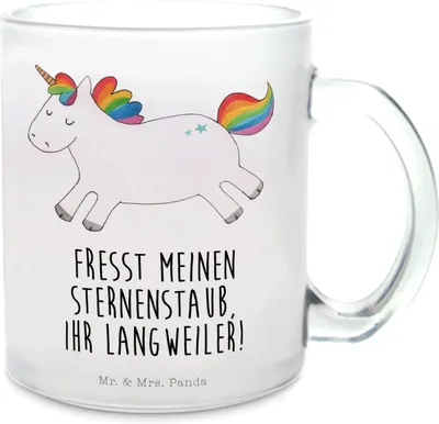Produktbild von Mr. & Mrs. Panda Teetasse Glas Einhorn Happy - Transparent - Geschenk, Pott, Einhörner, Freude, Häferl, Unicorn, Teebecher, Tee Tasse, glücklich, Lächeln, Trinkglas
