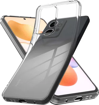 A clear protective phone case is shown in a studio setting, with two phones partially visible behind it.