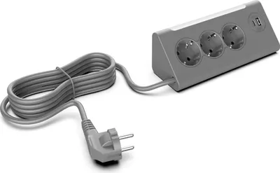 A gray power strip with three outlets and a USB port, connected to a coiled power cord and plug, is shown against a white background.