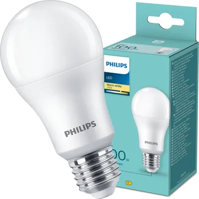 A Philips LED light bulb and its packaging are displayed.