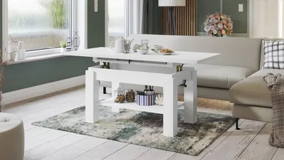 Produktbild von Design Couchtisch Tisch Astoria Weiß matt stufenlos höhenverstellbar 59,5 - 71,5cm ausziehbar 110 - 150cm mit Ablagefläche Esstisch