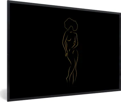 Produktbild von MuchoWow® Gerahmtes Poster Frau - Schwarz - Gold - Strichzeichnung 90x60 cm - Poster mit Schwarzem Bilderrahmen Wandposter Rahmen Foto Bilder - Fotorahmen - Foto-Plakat