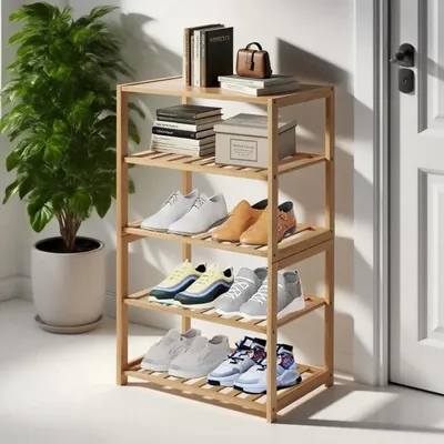 Produktbild von Bambus-Schuhregal 5-Etagen freistehend Mehrzweckregal 44x28x79 cm