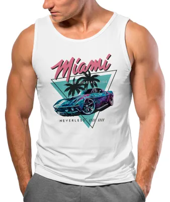Produktbild von Herren Tank-Top Bedruckt Miami Beach Surfing Motiv USA Retro Automobil 80er Muskelshirt Muscle Shirt Neverless® weiß L
