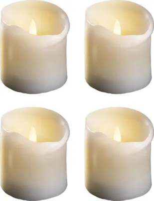 Produktbild von 4er Set LED Stumpenkerzen mittel - Echtwachskerze mit beweglicher Flamme flackernd - Timerfunktion für 6 Stunden Warmweißes Licht 7,5cm Durchmesser 12,5cm Höhe - 2 AA Batterien nötig