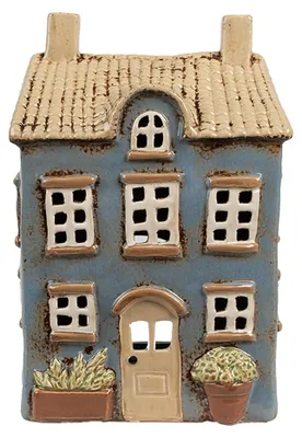 Productafbeelding van Clayre & Eef theelichthouder Haus, 16x10x23 cm, blauw-beige, keramiek