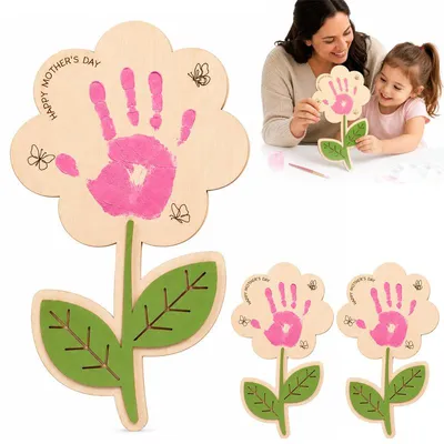 Produktbild von 3er-Set Holzbastelset Muttertag, Handabdruck Holzrosenstrauß, DIY Geschenk für Mama & Oma – ohne Farbe, kreatives Basteln mit Kindern