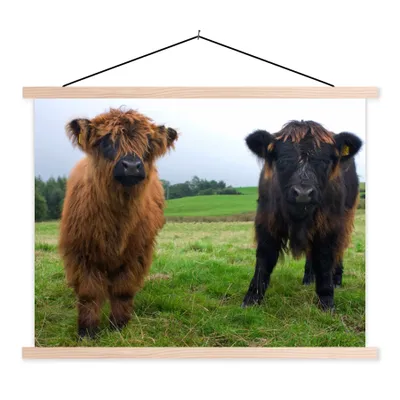 Produktbild von MuchoWow® Textilposter Schottische Highlander - Kühe - Natur - Grün - Gras 40x30 cm mit holzfarbenen Rahmen - Bilder