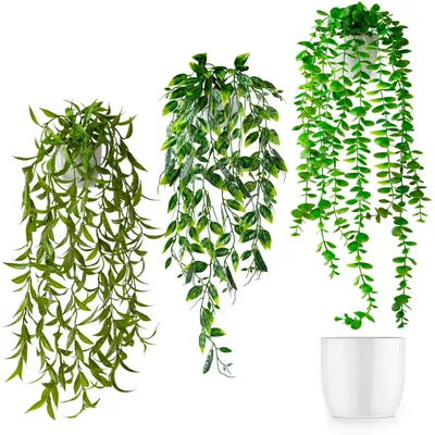 Produktbild von Set mit 3 künstlichen Hängepflanzen (60 cm) in weißen Keramiktöpfen: täuschend echt aussehende künstliche Pflanzen | Hängepflanzen | künstliche Hängepflanze im Topf
