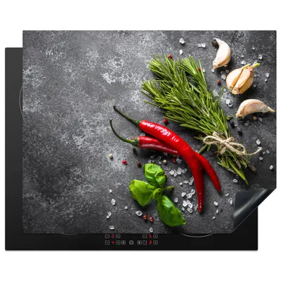 Obrázek produktu pro KitchenYeah® Krycí deska na sporák pepř - bylinky - koření - beton, 65x52cm, dekorace do kuchyně, keramický kryt varné desky, krycí deska na varnou desku