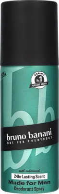 A product shot of a Bruno Banani deodorant spray can.
