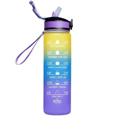 Produktbild von Športová fľaša na pitie 1 l, motivácia na pitie, slamka a loptička na šejker, fitness, škola, výlet, kancelária, nepriepustná, (žltá/modrá/fialová)