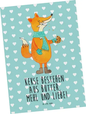 Produktbild von Mr. & Mrs. Panda Ansichtskarte Fuchs Keks - Türkis Pastell - Geschenk, Postkarten, Winter, Plätzchen, Postkarte, glücklich, einzelkarte, Grußkarte, Weihnachtlich, Frieren