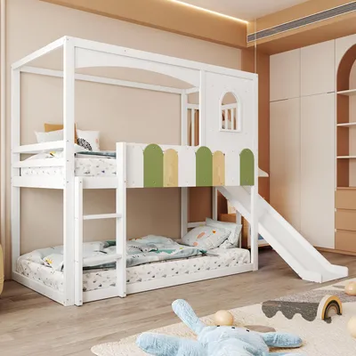 Produktbild von MODFU Etagenbett 90x200 Bettgestell mit farbenfrohes Geländerdesign,Bettrahmen mit Fenstern und Rutsche,Jugendbett ohne Matratze mit Sicherheitsleiter,Weiß